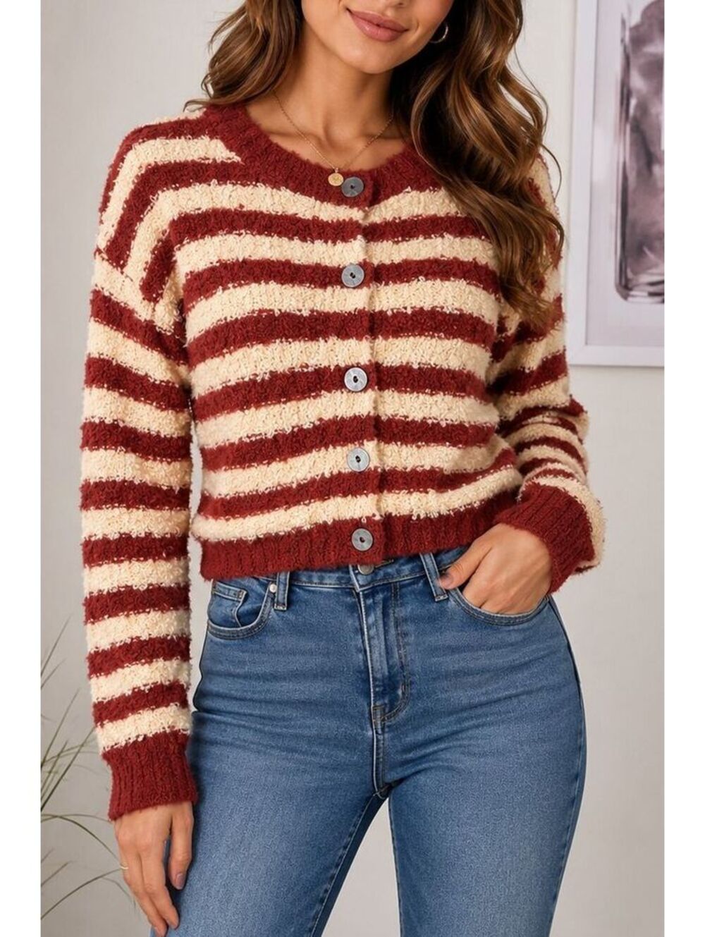 Coco & Shay Women's Red Cream Striped Boucle Cardigan Sweater M Fuzzy Knit